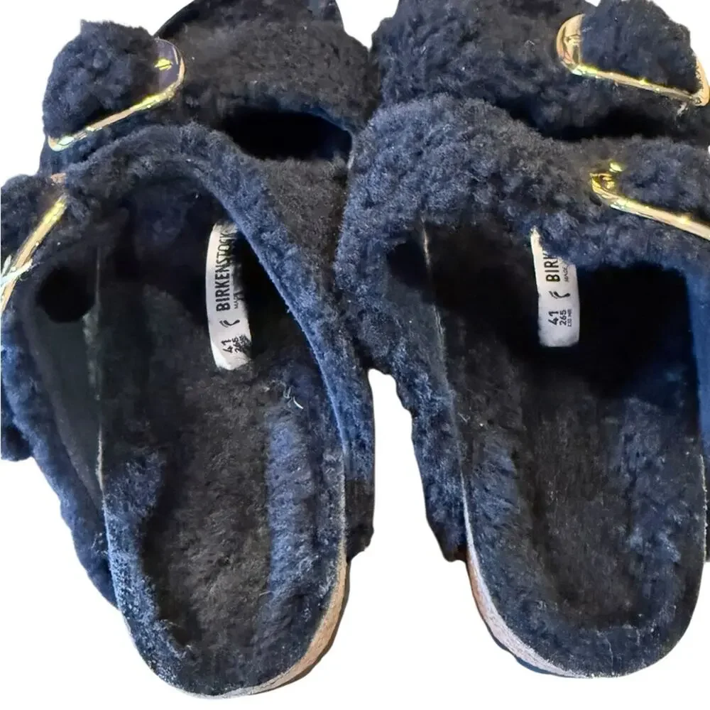 Birkenstock Arizona Big Buckle Teddy Black & Gold Sandals Womens Size 10 NIB